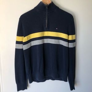 Vintage Tommy Hilfiger Navy and Yellow Stripe Quarter Zip | Size M